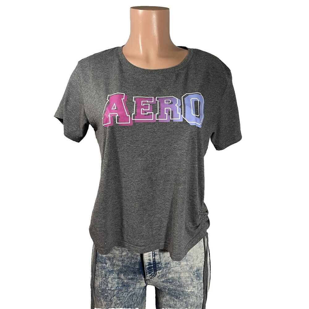 Aero Sport A87 Graphic Tee Medium M Gray Adjustable Ruched String Side Shirt